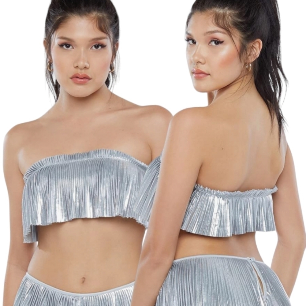 Savage X Fenty Pleated Lamé Silver cropped tube top size M